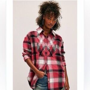 NWOT Free People Layla Plaid Top, Size Small, Red/Black.